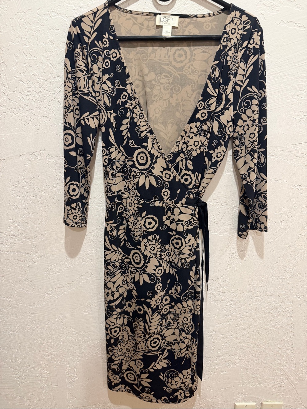 LOFT Black and Beige Floral Wrap Midi Dress